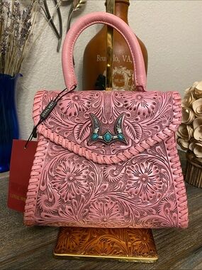 NWT LOYAL WEST LEON MINI HANDLE PURSE - PINK HANDTOOLED LEATHER & CALFSKIN